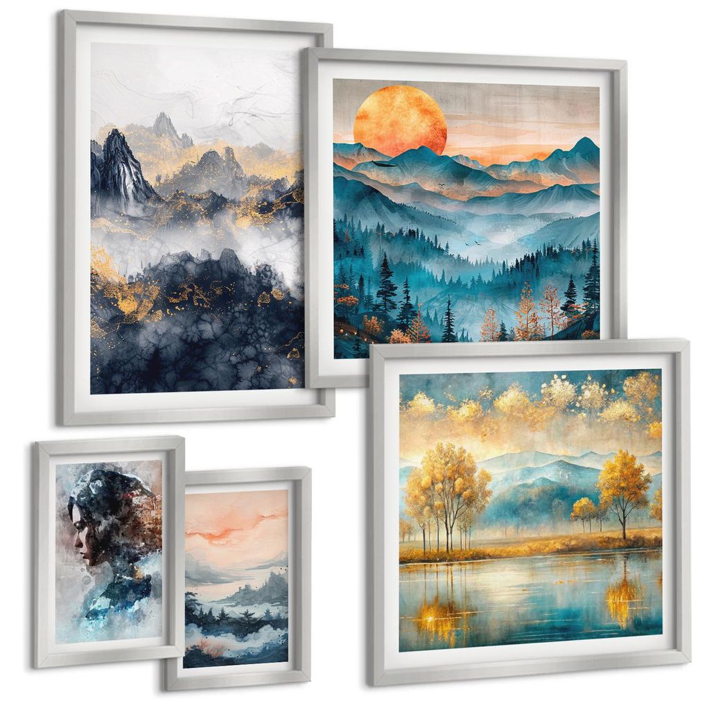 Bilder Set 5-teilig im silbergerahmten Rahmen – Wandbilder 5 Stück – gerahmte Poster für Wohnzimmer, Schlafzimmer und Flur – 50x50 cm - 40x...