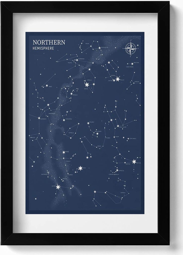 Illustration von Sternbildern am Himmel der nördlichen Hemisphäre– Wandbild mit Rahmen – Gerahmtes Bild – Wanddekoration – 20x30 cm – S...