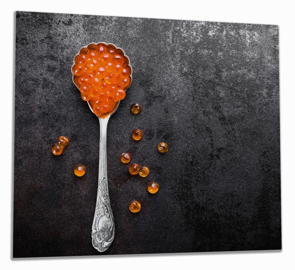 Wallario Herdabdeckplatte aus Glas, Größe 60 x 52 cm 1-teilig, Motiv Löffel mit rotem Kaviar