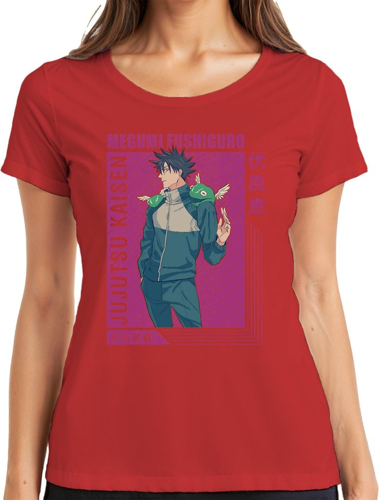 Megumi Fushiguro Jujutsu Kaisen Shikigami Anime Geschenk Retro Damen T-Shirt, Rot, S
