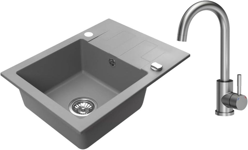 VBChome Granitspüle 59 x 44 cm Grau mit Armatur Einzelbecken Einbauspüle Reversibel Gesprenkelt Pflegeleichtes Spülbecken mit Siphon