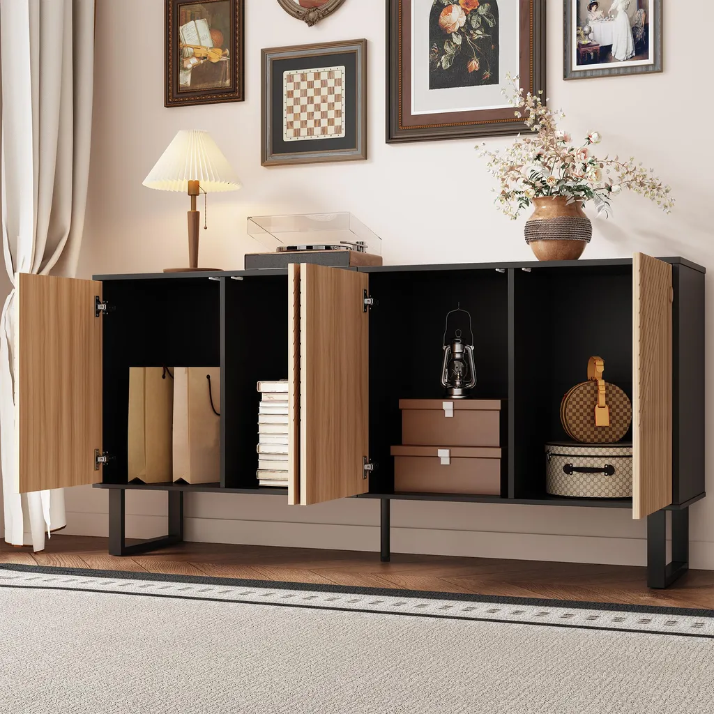 Buffet avec Façade à Rayures 3D et Aspect Bois Meuble Rangement Moderne