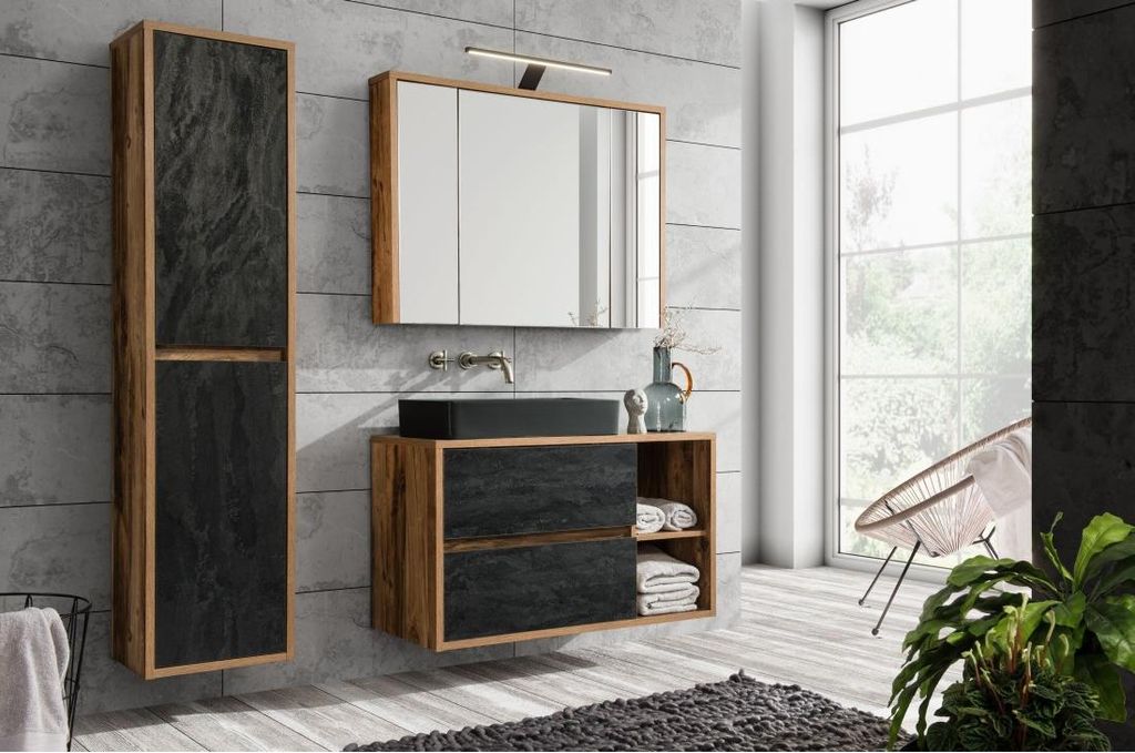 Suspendiertes Badezimmersäule GABI 170 cm – Schiefer- und Dunkel-Eichen-Finish – Rustikaler Stil