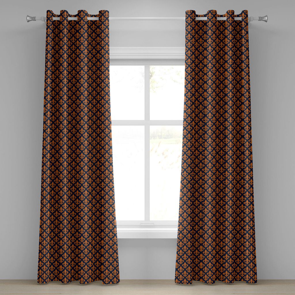 ABAKUHAUS Fleur De Lis Ösenvorhang, Orange alte Heraldik-Symbol-Muster-Frankreich-Geschichte-Königreich-Abgabe-Thema, Dekorative 2-Panel-Fensterv...
