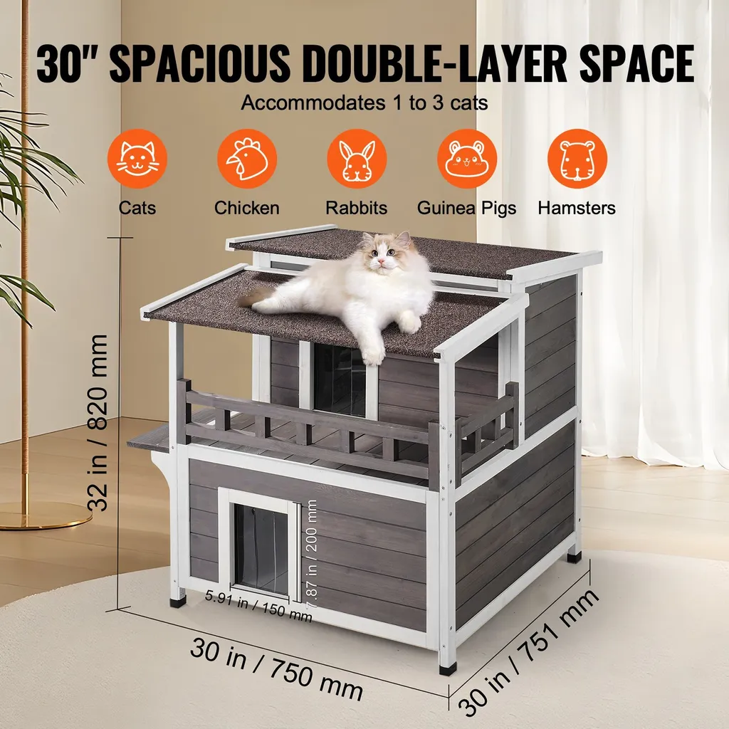 Cabane pour chat extérieur en bois à deux niveaux - Maisonnette 82cm