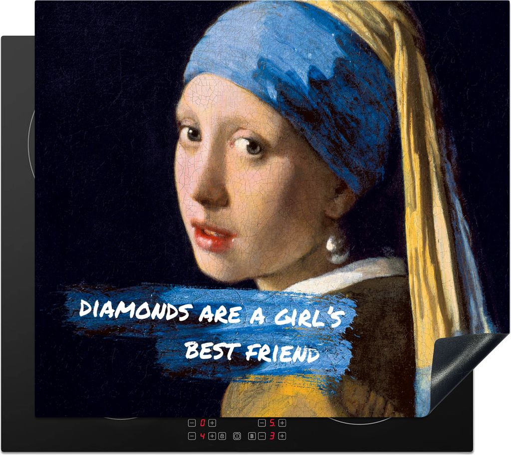 KitchenYeah Herdabdeckplatte Vermeer - Das Mädchen mit dem Perlenohrring - Zitat , 60x52cm, Küche Deko, Glaskeramikfeld Herdabdeckung, Abdeckpl...