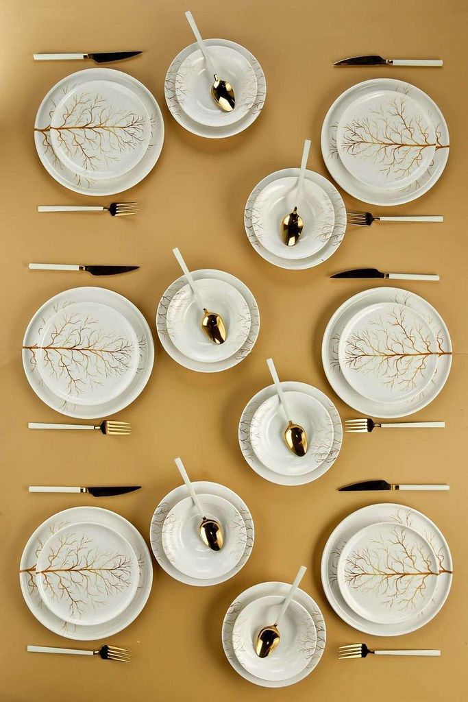Hermia Concept, Hochwertiges 24-teiliges Dinner Set, 100% Keramik, Weiß und Gold | 6 Servierplatten (26x26x2,5 cm), 6 Teller (20x20x3,5 cm), 6 Sch...