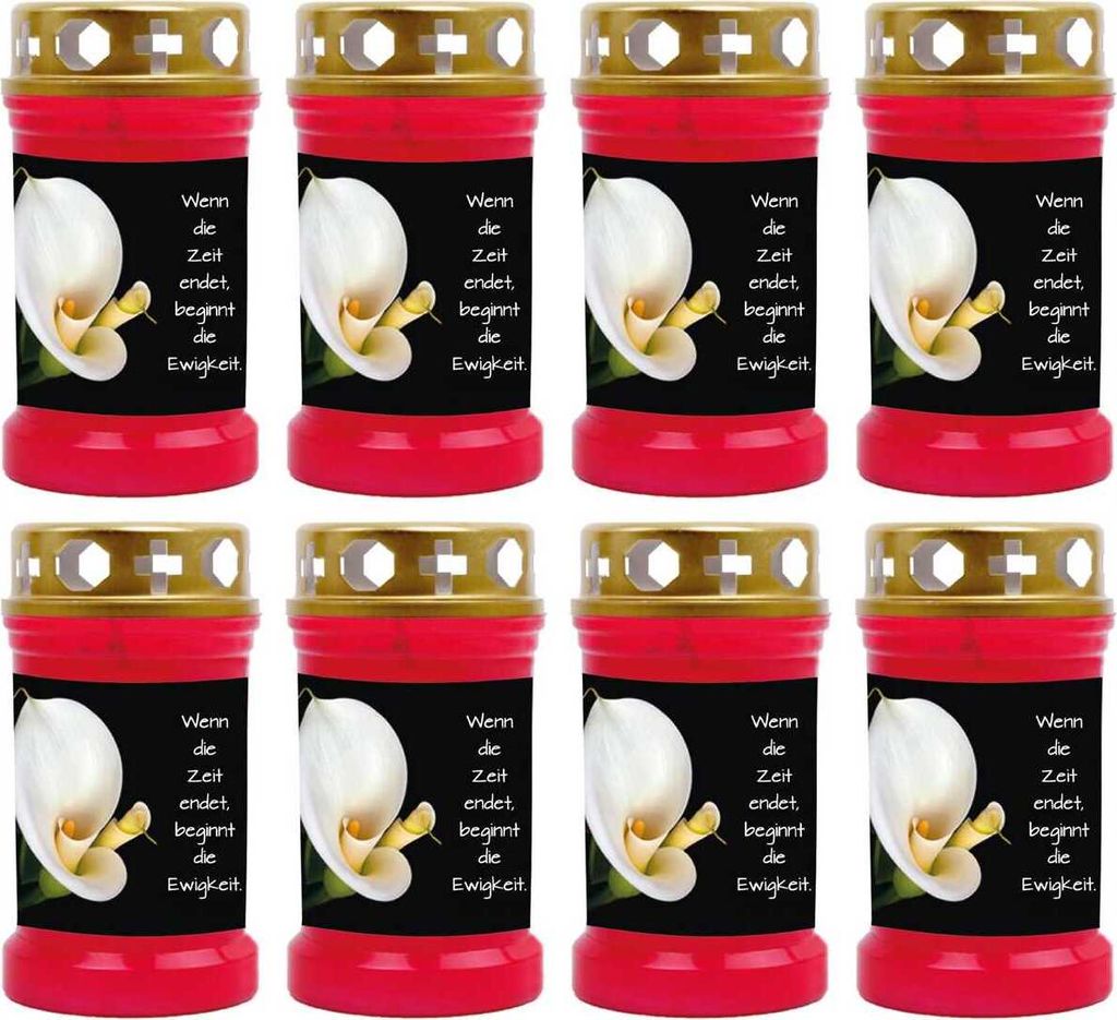 Grabkerze Rot 8er Pack, Brenndauer: 40 Stunden ( je Kerze ), Motiv: Calla