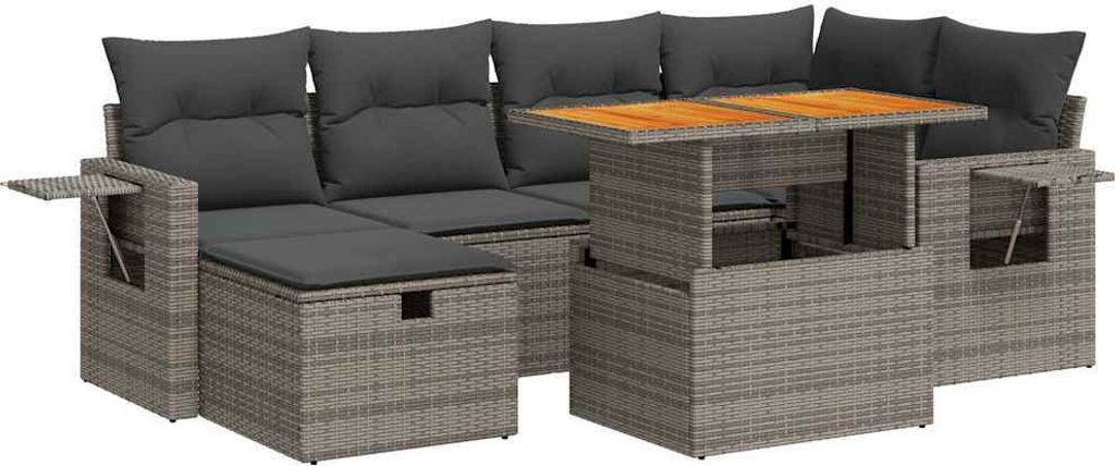 8-tlg. Garten-Sofagarnitur mit Kissen Grau Poly Rattan Akazie