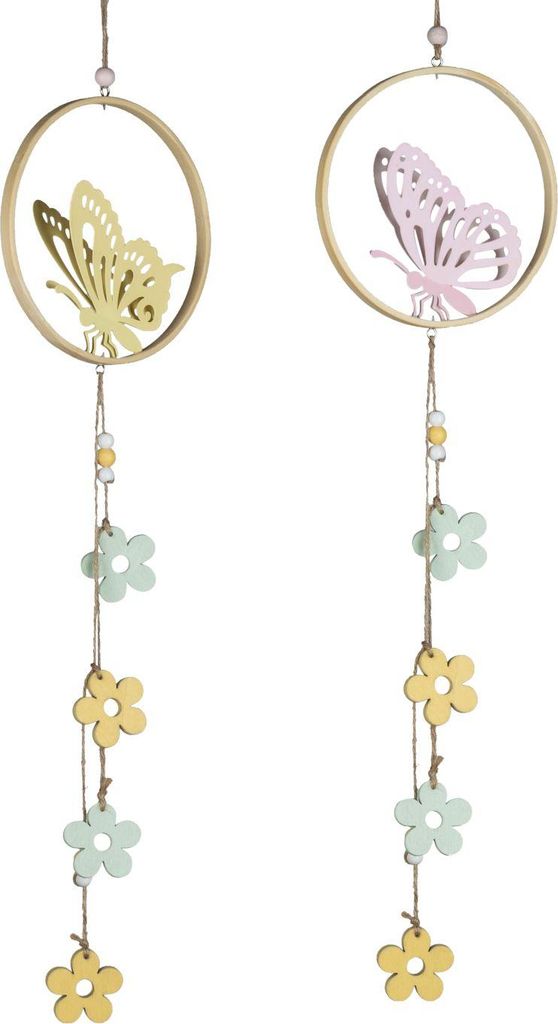 2er Set Dekohänger Kreise Schmetterlinge L. 45cm aus Metall + Holz Formano F26