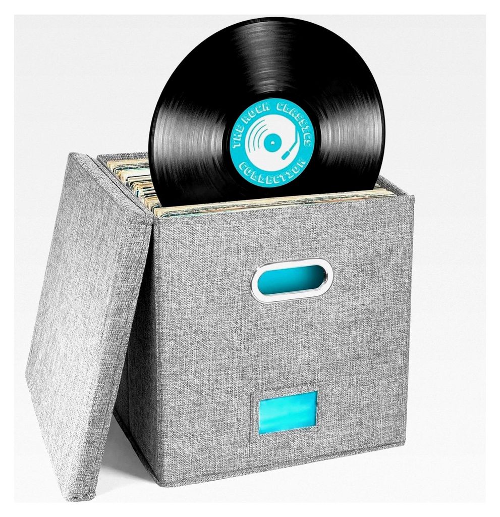 12-Zoll-Vinyl-Schallplattenbox, stapelbare Alben, Leinenkiste mit Deckel, zusammenklappbarer Musiksammlungshalter, Organizer mit Griff, Grau