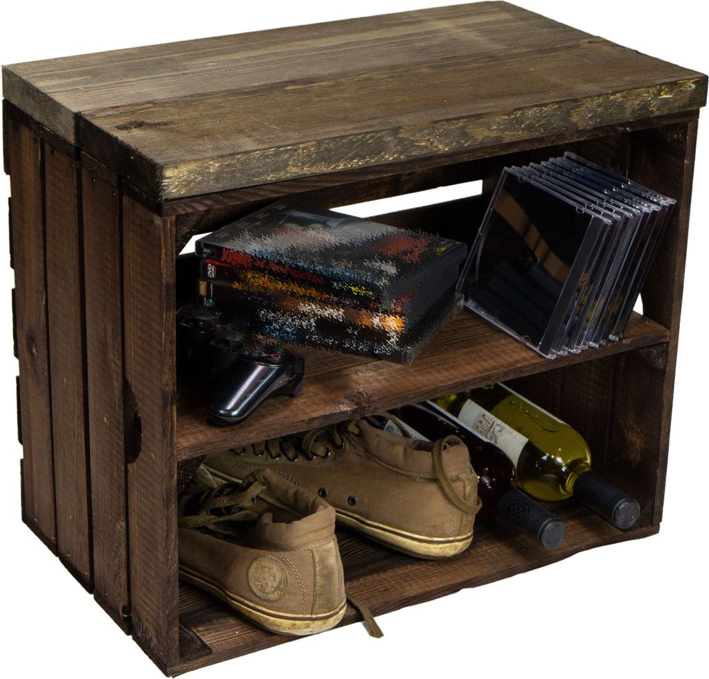 Sitzkiste Johanna - dunkel Längs - mit Planke Weinkiste Weinregal Obstkiste Schuhbank Schuhregal schwarze Planke