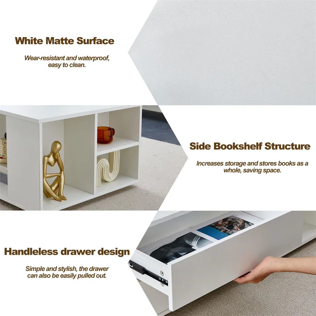 CLIPOP Table basse extensible blanche LED - 4 Tiroirs et Étagère Bois - 12