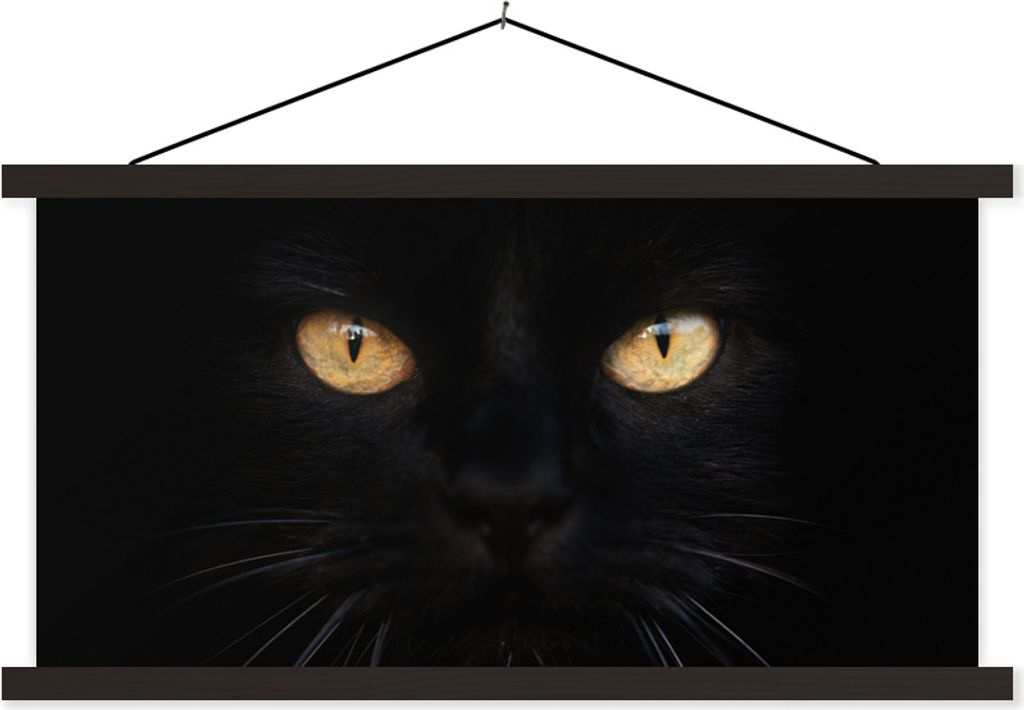 MuchoWow Textilposter Nahaufnahme einer schwarzen Katze 90x45 cm mit schwarzem Rahmen - Klemmleisten