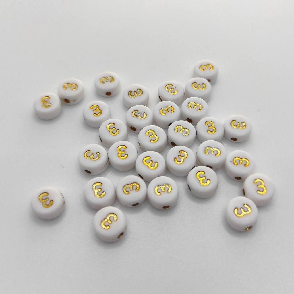 Buchstaben Perlen, 30 Stück, 4x7 mm, gold mit weiß, rund, Produktbild 