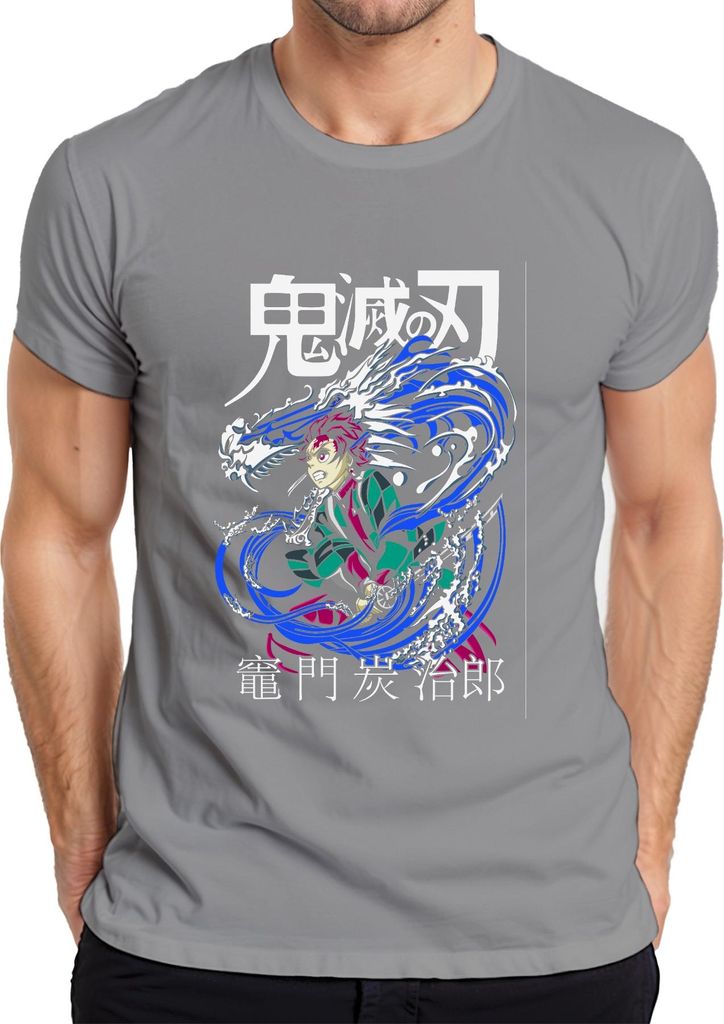 Demon Slayer Tanjiro Kamado Wasserdrache Anime Geschenk Japan Y2K Streetwear Herren T-Shirt, Grau, XXL