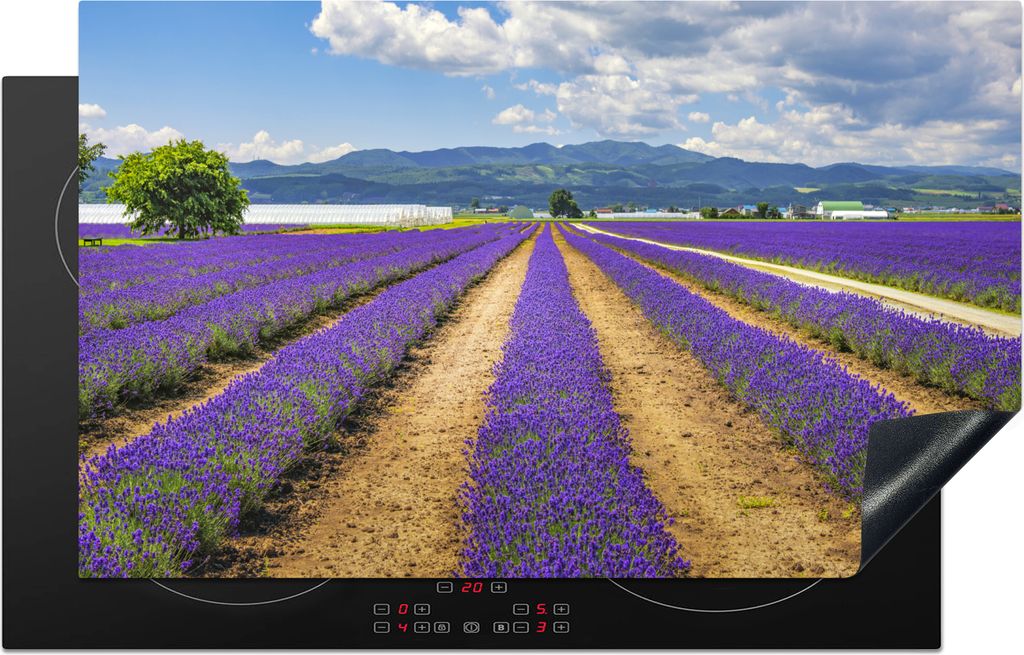 KitchenYeah Herdabdeckplatte Japan - Blume - Lavendel , 83x51cm, Küche Deko, Glaskeramikfeld Herdabdeckung, Abdeckplatte fùr Kochfeld