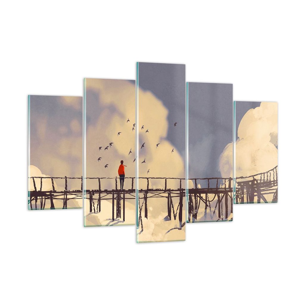 Bilder auf glas - Wolken Brücke Vögel Landschaft - 150x100cm - Glasbilder - Wandbilder - Kunstdruck - zum Aufhängen bereit - Wanddekoration aus ...