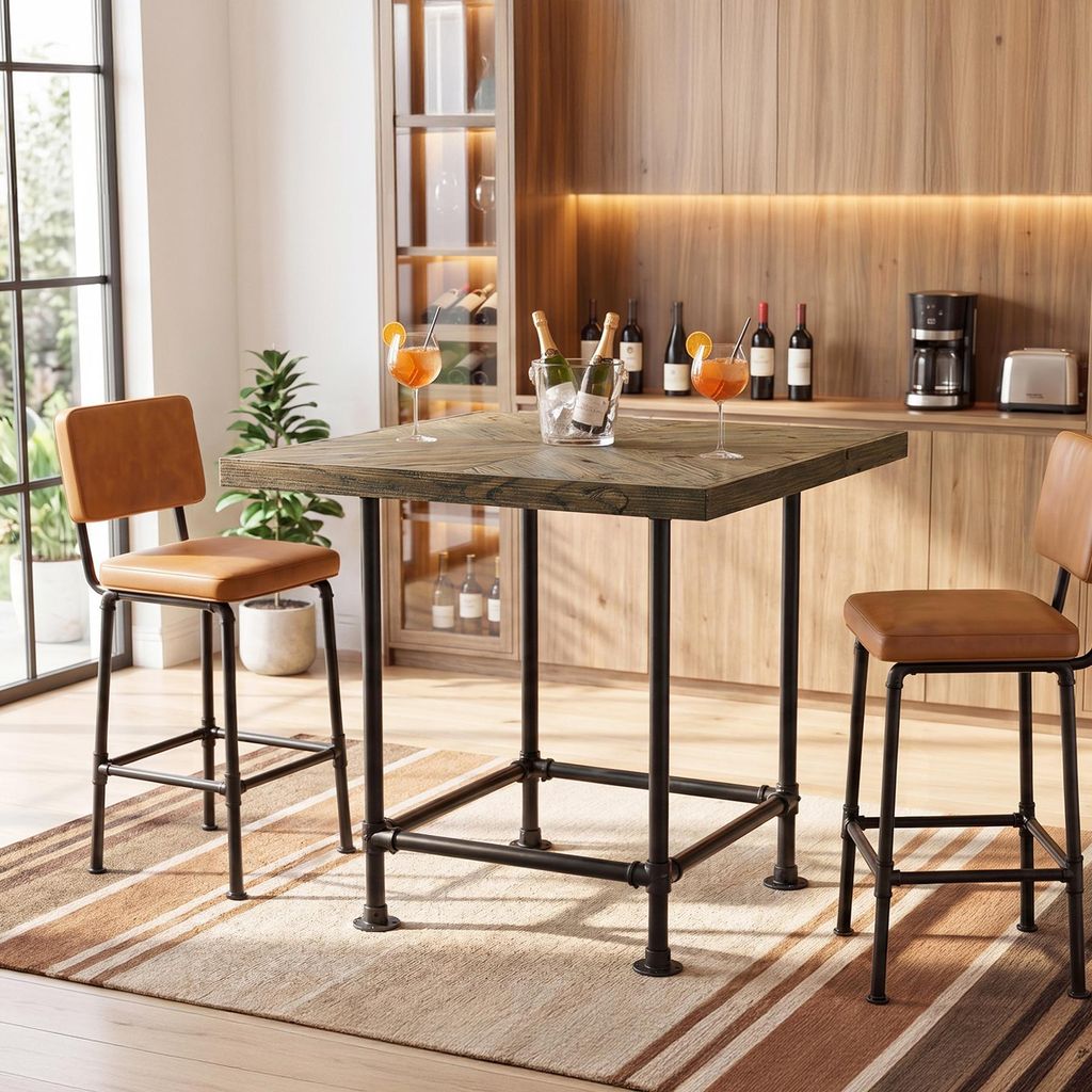 Tribesigns Bartisch, 90 cm Bistrotisch, quadratischer Stehtisch mit Fußstütze, Küchentisch, mit Massivholzplatte und stabilem Metallgestell