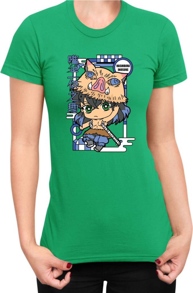 Damen T-Shirt Demon Anime Slayer Kimetsu No Yaiba Chibi Inosuke Hashibira, Lady 2XL / Grün
