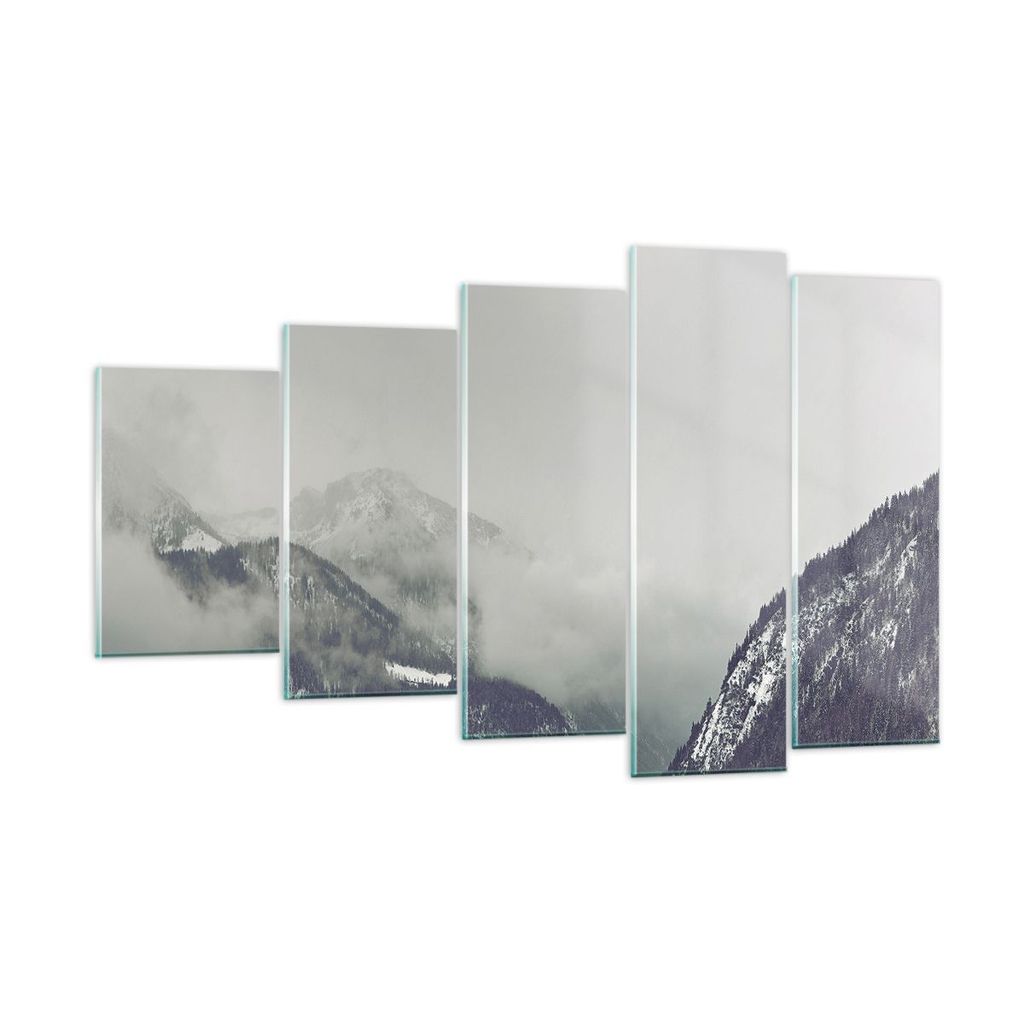 Bilder auf glas - 5 Teile - Berge Wald Nebel - 100x60cm - Glasbilder - Wandbilder - Bilder - zum Aufhängen bereit - Wanddekoration aus Glas - Glas...
