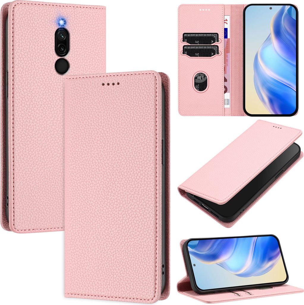 Litchi Leder Handyhülle für Xiaomi Redmi 8/Redmi 8A Wallet Kartenfächer Standfunktion Hülle Pink