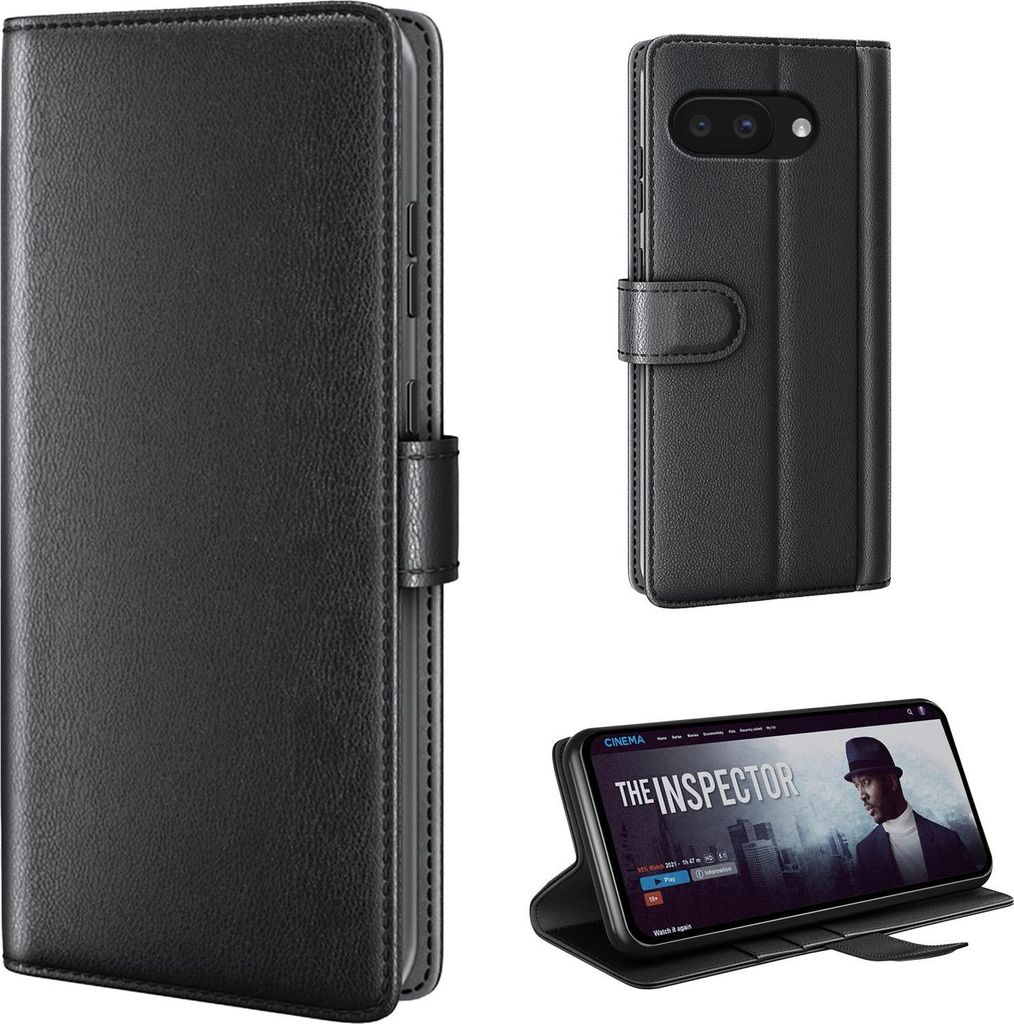 A collage of images showing a black leather flip phone case for a Google Pixel phone, including a close-up of the case and a phone inside it.