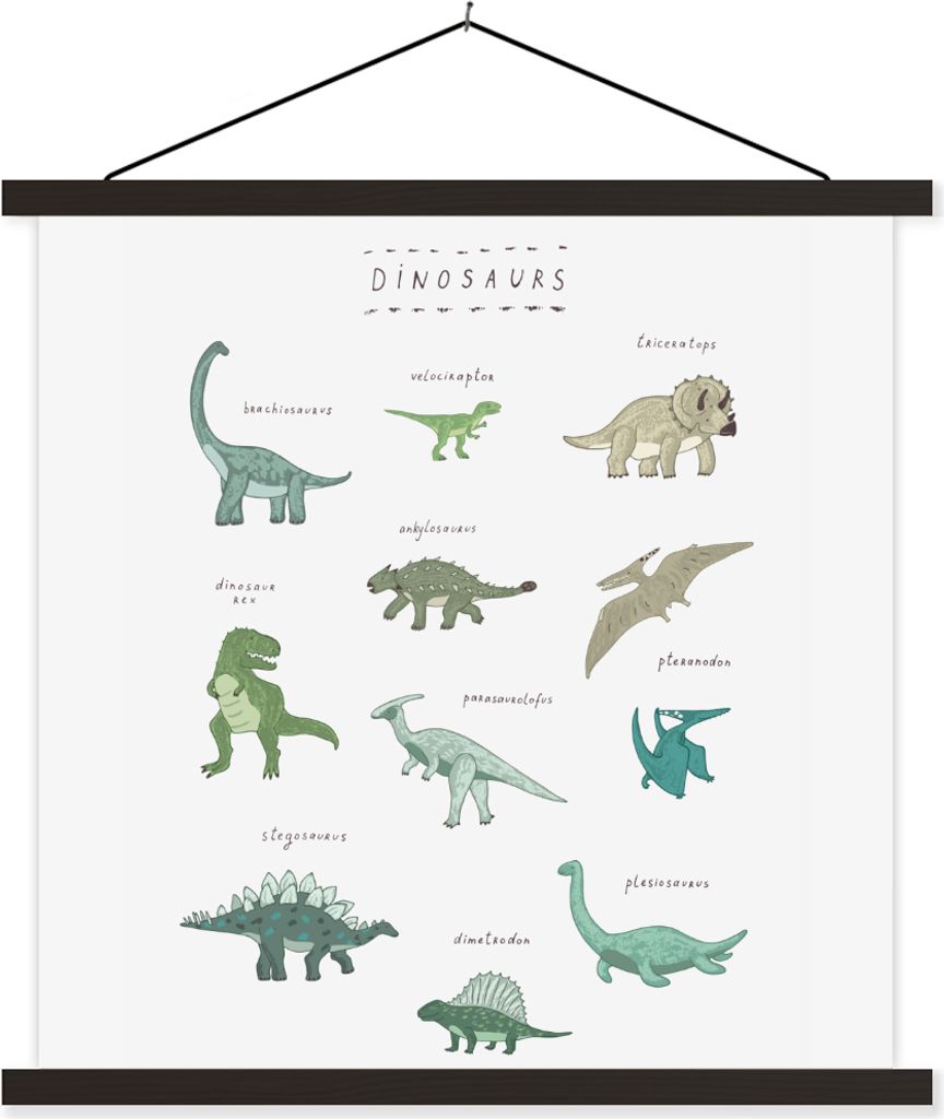 MuchoWow Textilposter Kinderzimmer - Dinosaurier - Weiß - Jungen - Mädchen - Kinder 60x60 cm mit schwarzem Rahmen - Posteraufhänger
