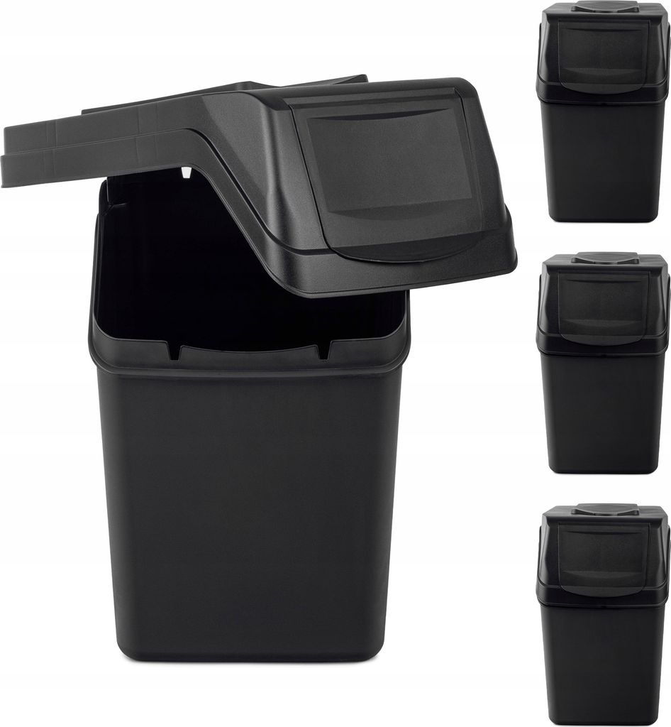 A black plastic trash can with its lid open, shown from the front. Three identical trash cans are visible on the right side of the image.