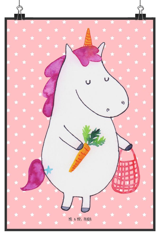 Mr. & Mrs. Panda Bild Einhorn Vegan DIN A5 - Rot Pastell - Geschenk, Veganismus, drucke, Unicorn, Wandbild, Deko, wanddeko, Rohkost, Gesund essen, ...
