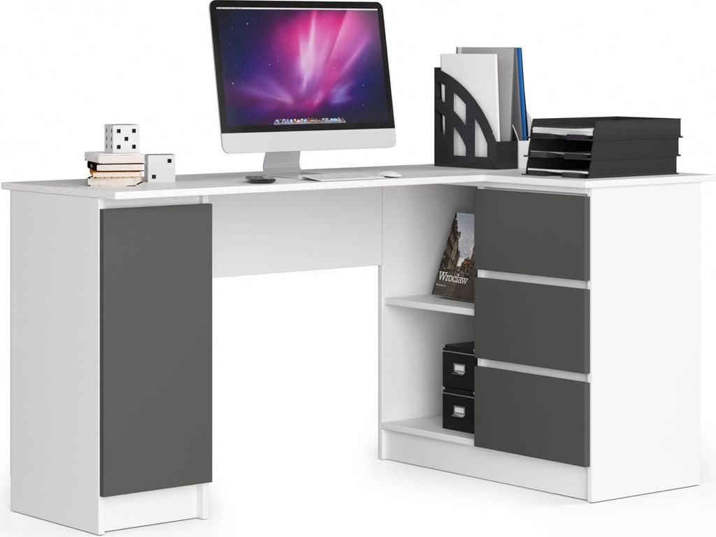 Hörnbord B20 155 cm Rechts Weiß Grafitgrau mit Stauraum und Ergonomischem Design