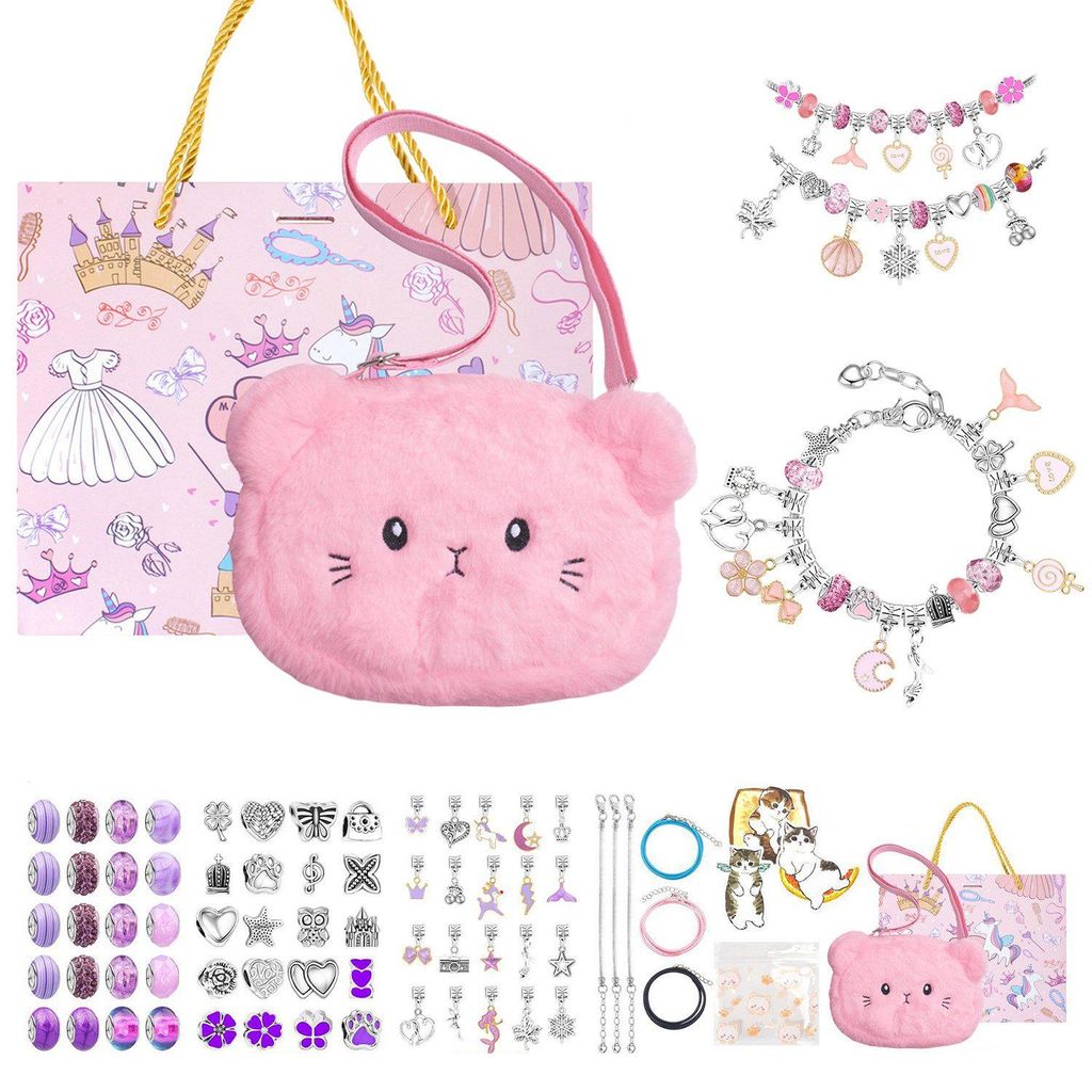 DIY Schmuck Basteln Mädchen, Schmuck Selber Machen Set, Armbänder Selber mit Umhängetasche, Lila