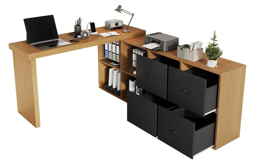 Bureau informatique modulable forme L en bois de chêne avec tiroir