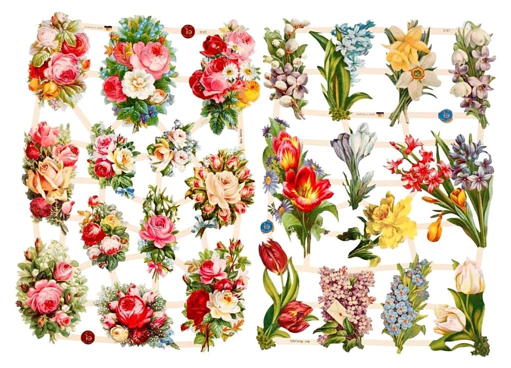 Vintage Glanzbilder Blumengruß Stanzpapier Papiermotiv 4,6-8,1 cm Ganzjährig einsetzbar