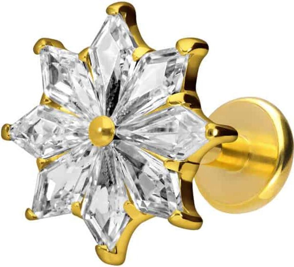 Ohrpiercing, Nasenpiercing Titan Labret mit Push Fit KRISTALLSTERN Gold Stablänge: 6mm | Stabstärke: 1,2mm