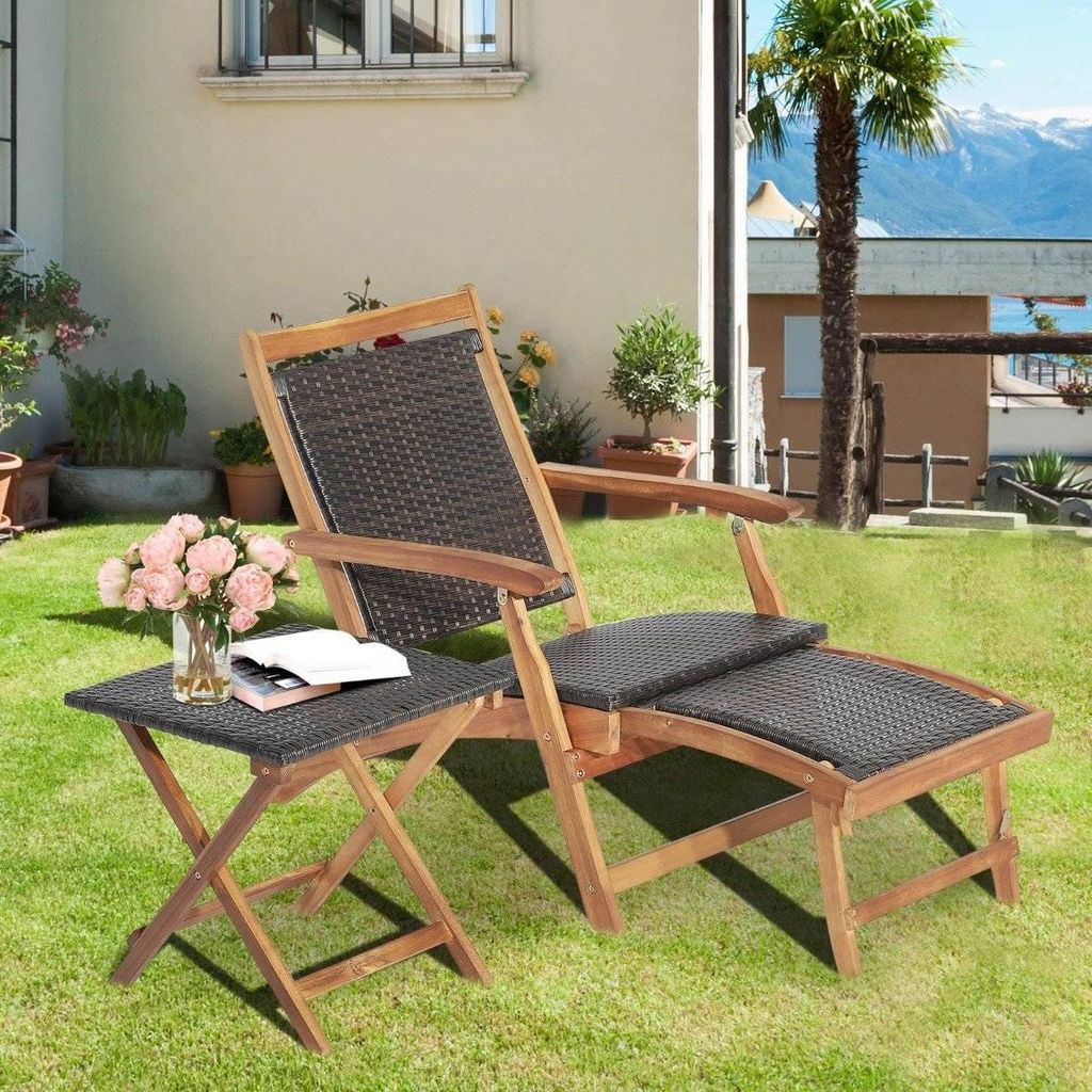 2-teiliges Gartenmöbel-Set aus Stuhl mit Ausziehbarer Fußstütze & Beistelltisch aus Akazienholz Braun