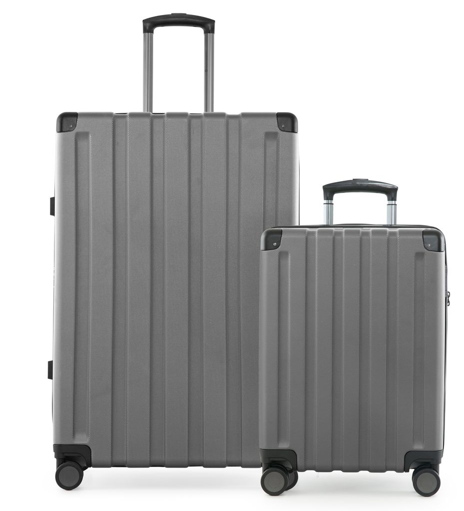 Q-Damm - 2er Koffer-Set, großer Koffer XL Extension + Kabinenkoffer Flugzeug Bordkoffer + Check-In Rollkoffer, Trolleys mit Doppel-Rollen, TSA,Silber