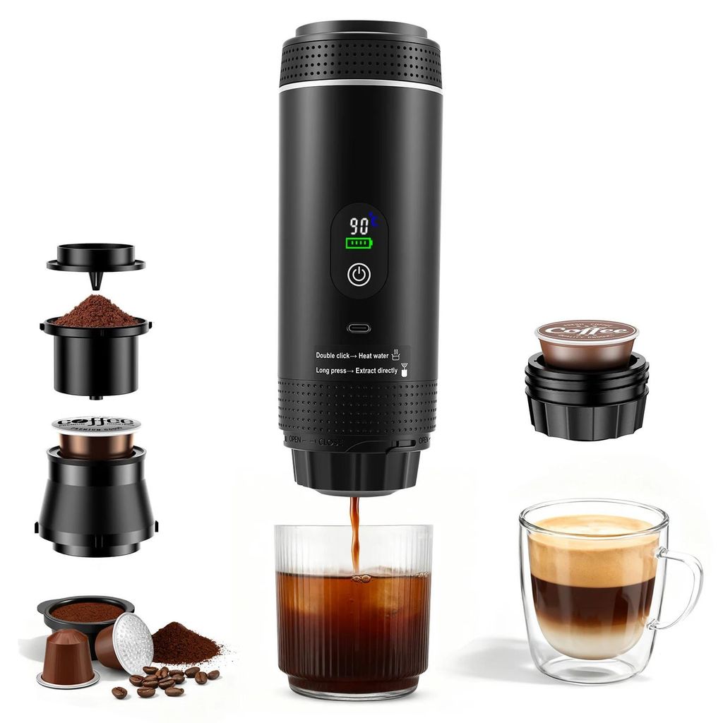 Tragbare Kaffeemaschine - 3‐in‐1 Auto‐Espressomaschine - Heiß & kalt brühen - Für Kapseln & Kaffeepulver - Ohne Akku - Schwarz