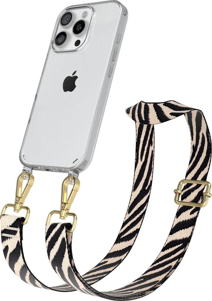 Apple iPhone 16 Pro Chain Eyelets Slim Neck Strap Set Zebra Style 13 Black/Taupe 06 Metall Gold