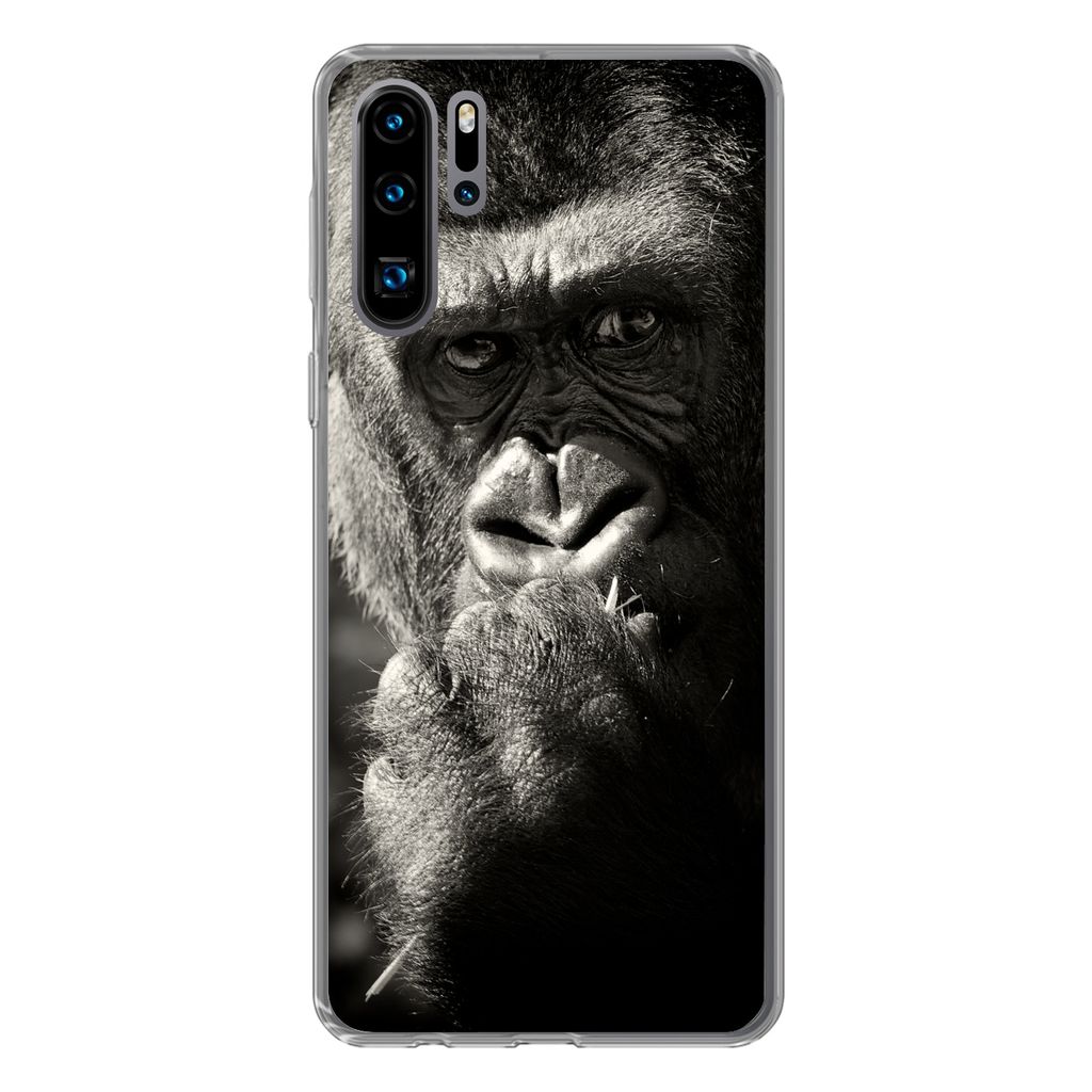 MuchoWow Handyhülle Schutzhülle Hülle für Huawei P30 Pro Gorilla auf schwarzem Hintergrund in Schwarz und Weiß Silikon Softcase Handy Hülle...