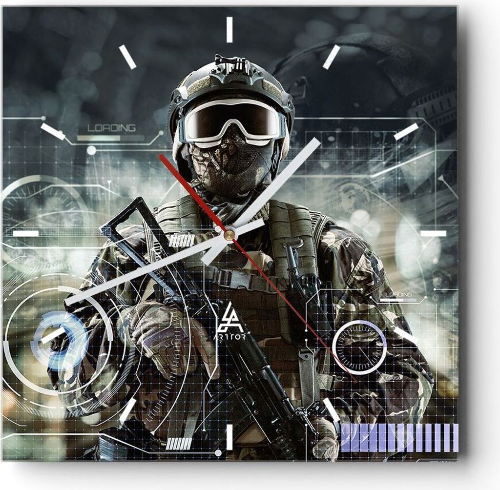Wanduhr - Quadrat - Glasuhr - Soldat Gewehr - 30x30cm - Schleichendes Uhrwerk - Lautlos - zum Aufhängen bereit - Dekoration Modern - Wanddekoratio...