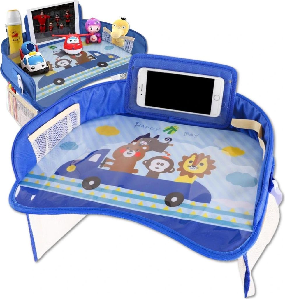 EDIBAZZAR | Kinder-Reisetisch mit Auto-Organizer und Tablet-Fach, blau