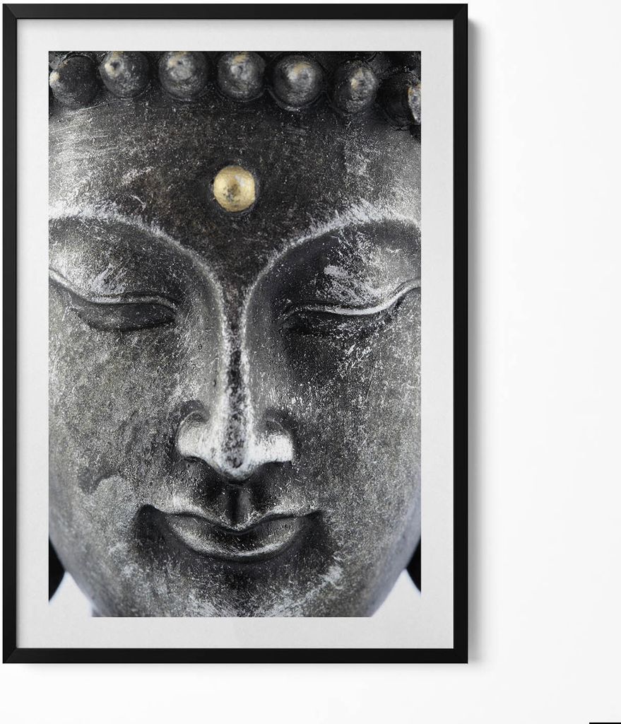 Kopf einer Buddha-Statue– Wandbild mit Rahmen – Gerahmtes Bild – Wanddekoration – 70x100 cm – Schwarz Rahmen