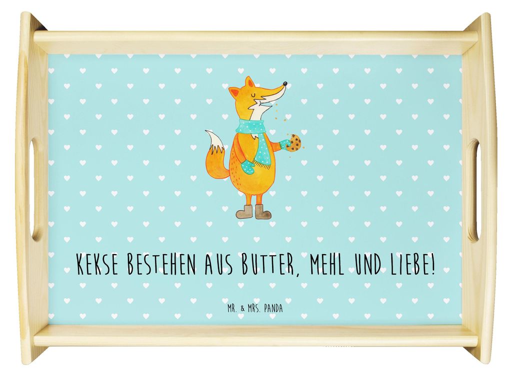 Mr. & Mrs. Panda Tablett Fuchs Keks - Türkis Pastell - Geschenk, Weihnachten, Winter, Sofa, Weihnachtlich, Kekse, Serviertablett, aus holz, Plätz...