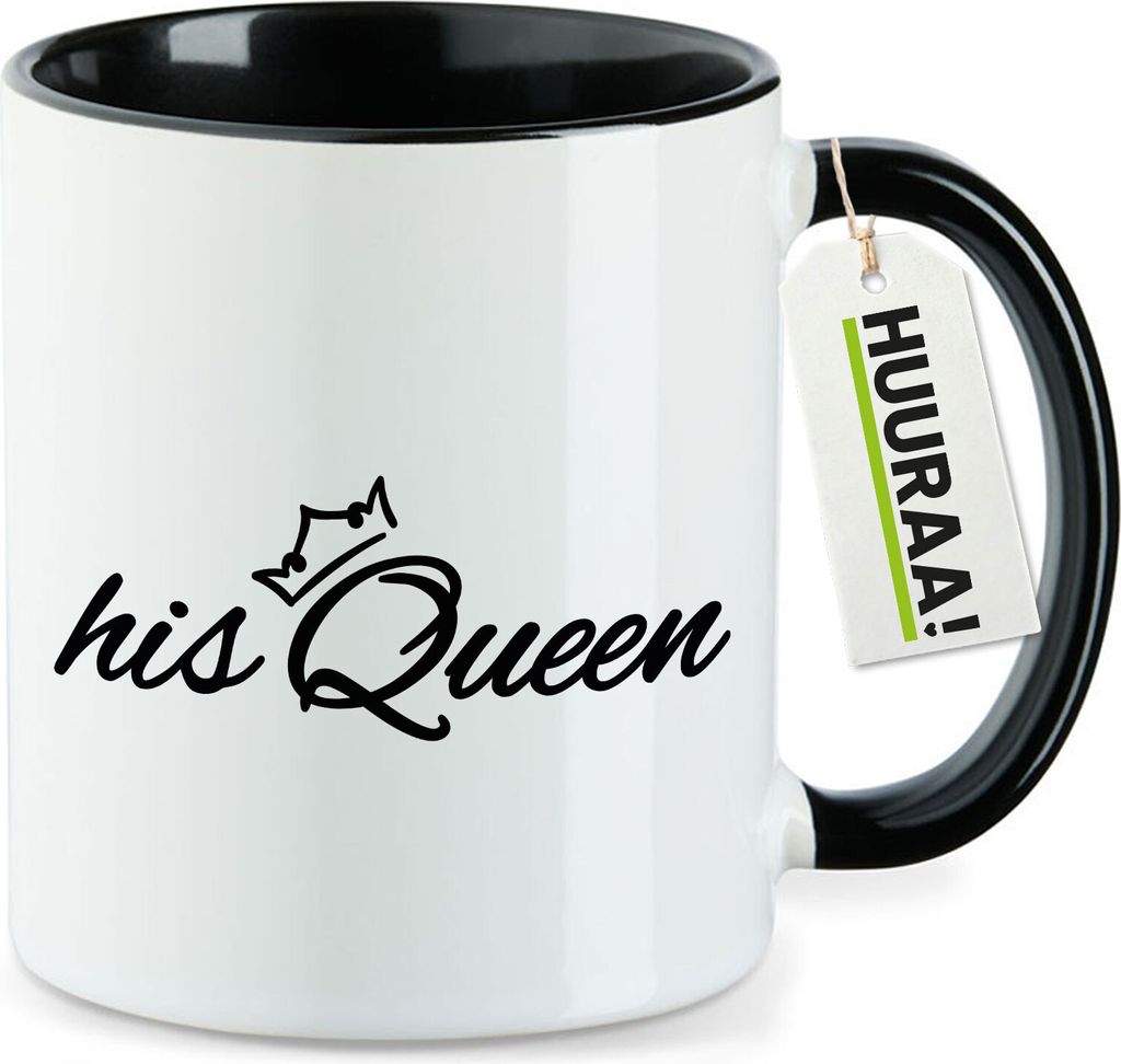 Huuraa Kaffeetasse his Queen Krone 330ml Schwarz Keramik Kaffeebecher Geschenkidee