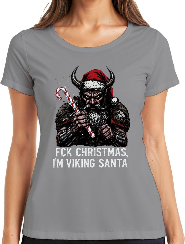 FCK CHRISTMAS IM VIKING SANTA Wikinger Hörner Bart Weihnachten Damen T-Shirt, Grau, XL