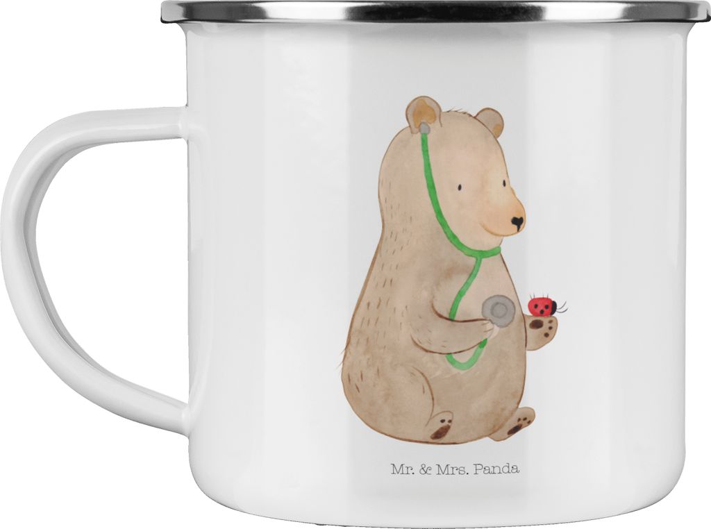 Mr. & Mrs. Panda Emaille Becher Bär Arzt - Weiß - Geschenk, Professor, Teetasse, Campingbecher, Teddy, Tasse, Doktor, Doktorin, Ärztin, Outdoor