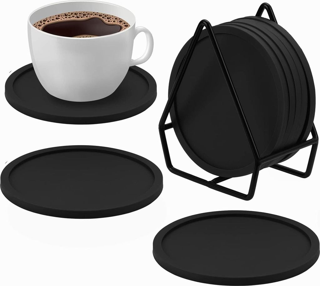 Schwarze Untersetzer Set aus 8 Stück - rutschfest - Silikon - rund