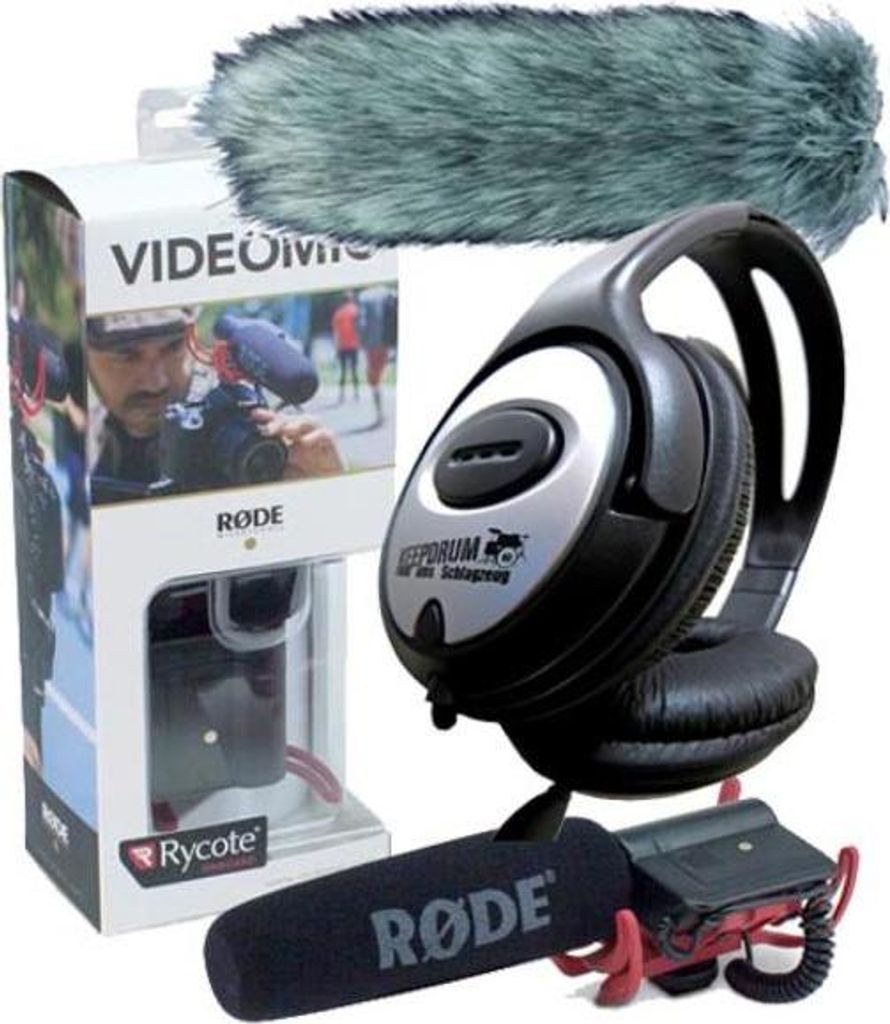 Rode VideoMic Rycote mit Dead Cat mit Kopfhörer