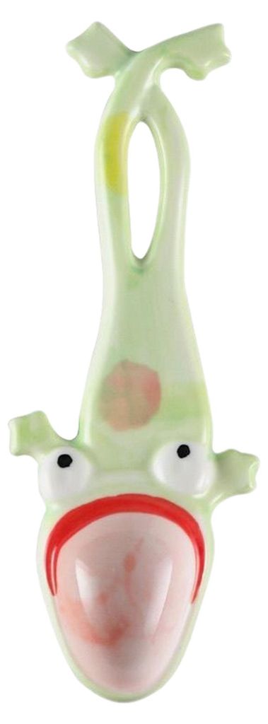 1/2 Stück Keramiklöffel in Form eines hässlichen Frosches mit großem Maul und langen Beinen – ein humorvolles Küchenaccessoire.